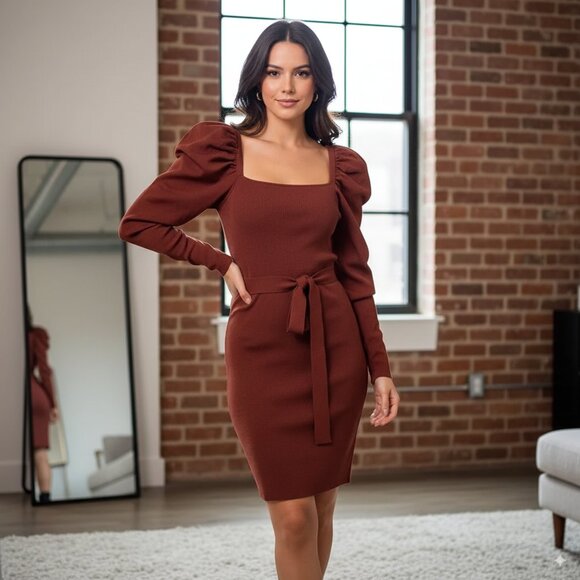 4si3nna Chocolate Long Sleeve Knit Mini Dress with tie SIZE Small NWT - Picture 1 of 5